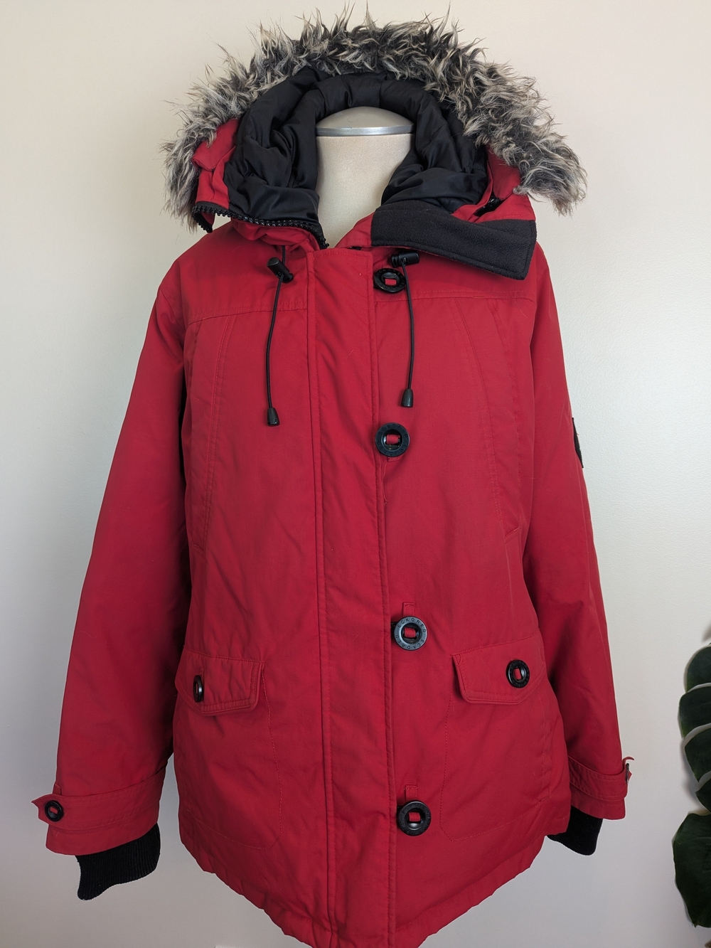 Women's Red Hooded Down Filled Ski Jacket with Faux-Fur Trim